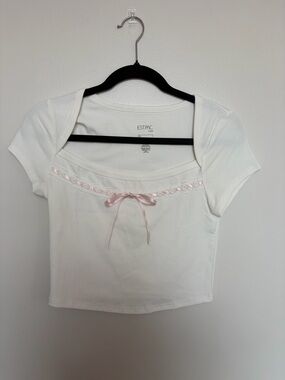 White Short Sleeve Crop Top with Pink Ribbon Trim